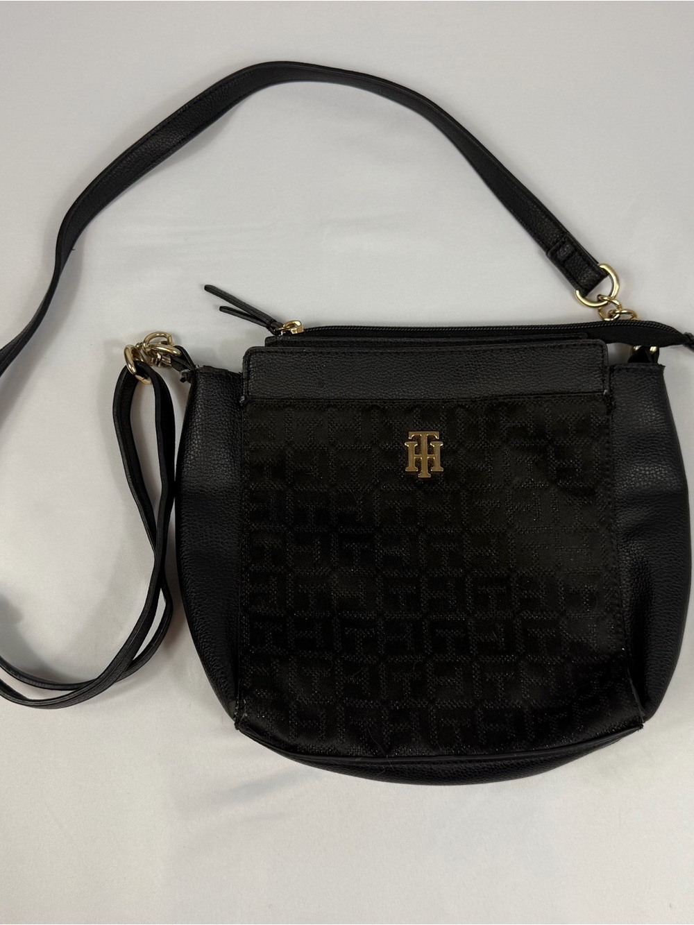 Tommy Hilfiger Black Tonal Monogram Crossbody Bag Gold TH Logo